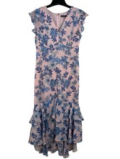 Tommy Hilfiger Pink Blue Floral Sheer Overlay Midi Dress Flutter Sleeve V-neck 6