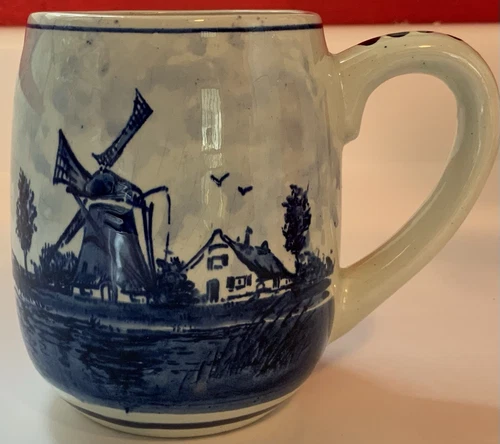 Vintage Delft BLUE Mug / Cup Blue Windmill Dutch Flower Hand Painted White