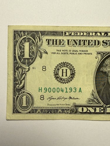 Three In A Row 0s Fancy Serial Number H90004193A One Dollar Bill Series 2021 $1 - Picture 3 of 10