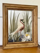 M. Devoe 1950s Tropical Art Deco Flamingo Painting Original Frame Vintage