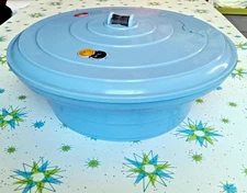 Vintage MCM Atomic UFO Sewing Box Blue Plastic Cascade USA Notions Container