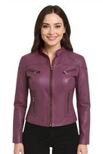 Infinity Leather Damen Slim Fit Bikerjacke Lammleder Lila Vintage Mid-Length