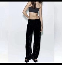 NWT ZARA Women s Velvet Wide Leg Flare Leg Trousers Pants XS Side Zipper