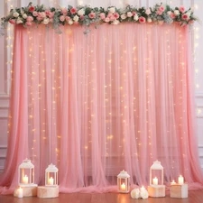10x8ft Tulle Backdrop Curtain with Lights String for 2 Panels(5*8FT) Dusty Rose