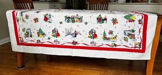 Vtg Christmas Tablecloth 1950s Uncommon Church Carolers Sleigh Santa Tree Family