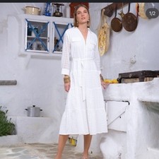 Zara SZ Medium White Midi Dress with Eyelet  Embroidery belted waist