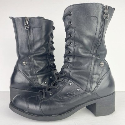Nero Giardini Sport Black Leather Zip Lace Up Moto Biker Goth Mid Calf Boot EU37