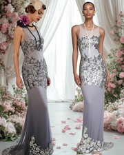 dynasty grey silver silk beaded 20s deco gatsby  Occasion evening prom dress 10