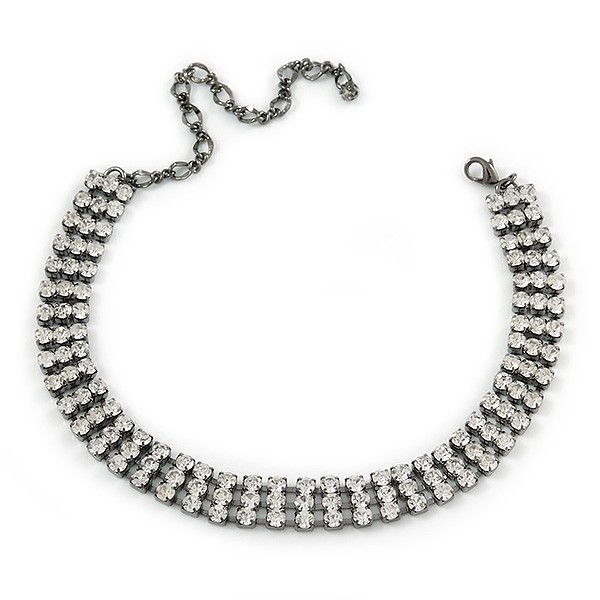 3 Row Clear Crystal Choker Necklace In Black Tone Metal - 26cm L/ 11cm Ext