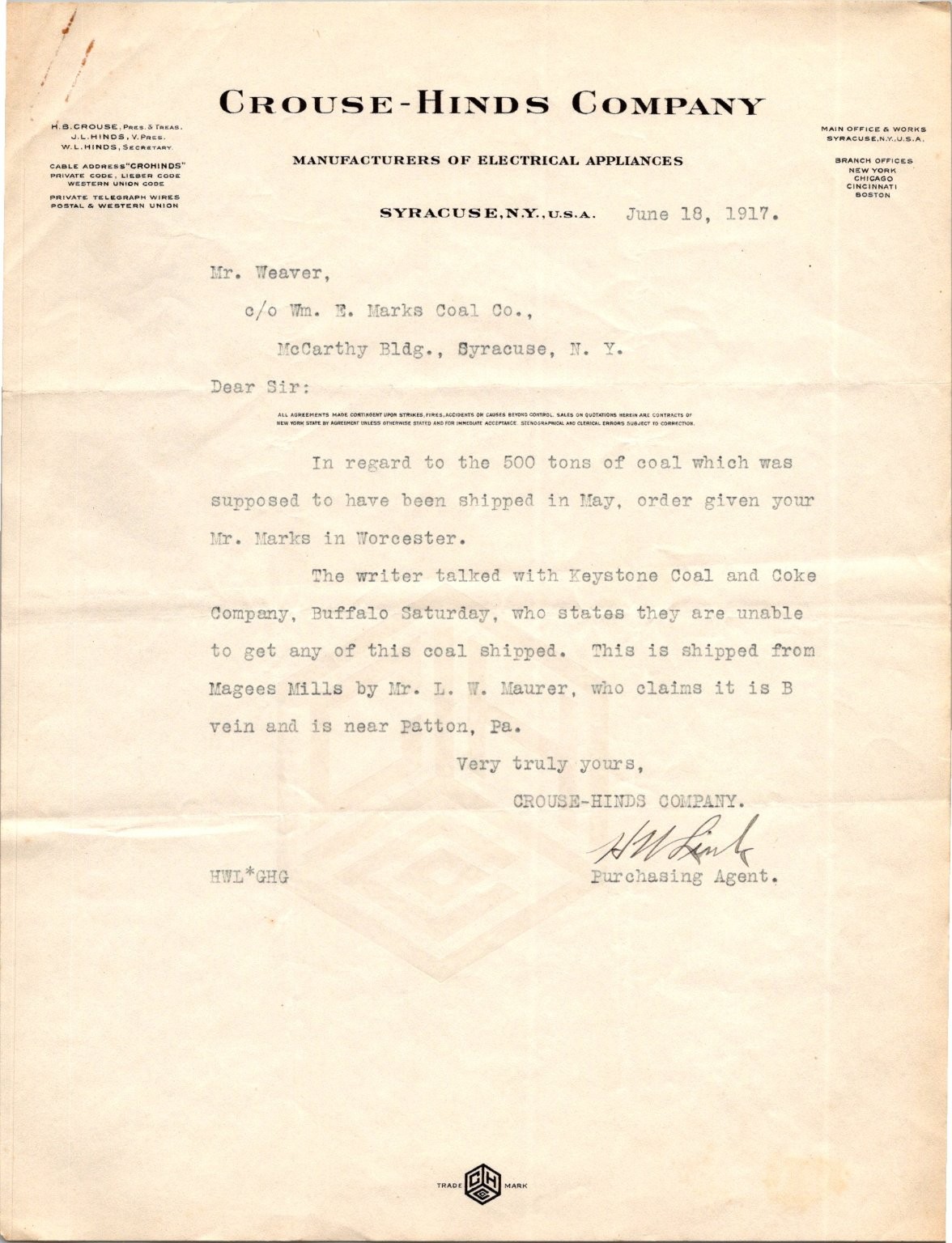 1917 Crouse-Hinds Co. Letter Syracuse NY Electrical Appliances Coal Order