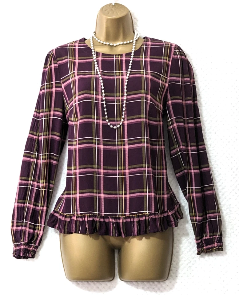 NEXT Burgundy Check Tunic Top Sz 12 Long Sleeve Smart Office Workwear Blouse - Image 4 of 4