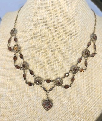 Kenny Ma San Francisco  Necklace  Brown Rhinestones  Bronze Color Metal Heart...