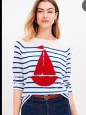 LOFT size L nautical stripe White Sweater with Red Blue Sailboat Accent