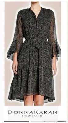 Donna Karan NY Dress Black Flocked Polka Dot Midi Whimsigoth Witchy Gothic 00