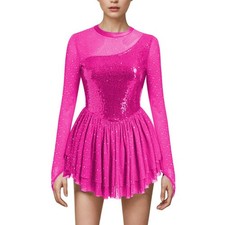 Sequin Figure Skating Dress for Women Girls Long Sleeve Mesh Rhinestone Ice S...