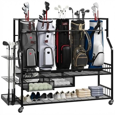 Golf Bag Storage Garage Organizer Rack with Wheels, Fit 5 Golf Bags, Metal Stand