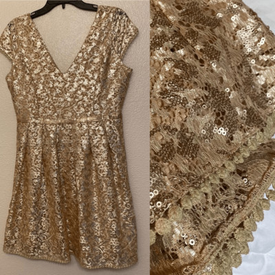 C. Luce Gold champagne all over Sequins formal Dress v neck cap sleeve -L