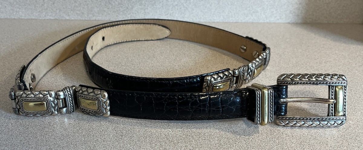 BRIGHTON Black Leather Crocco Belt Silver Gold Metal Accents  display picture 3