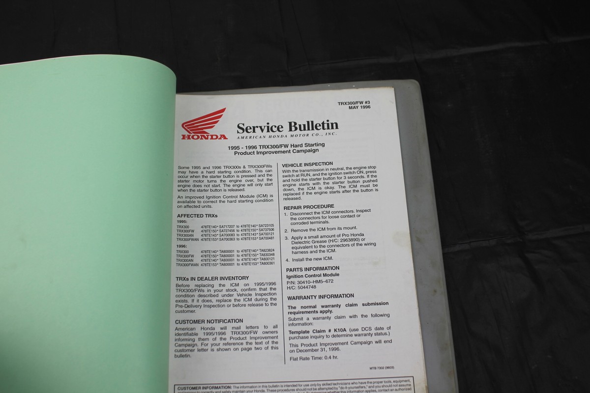 1995 HONDA FOURTRAX 300 TRX300 2X4 SERVICE MANUAL BOOK SET UP