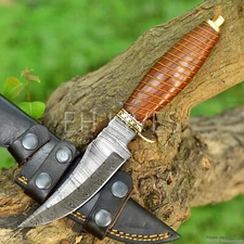 EXQUISITE HANDCRAFTED DAMASCUS SKINNER KNIFE  ENGRAVED HANDLE WITH SHEATH