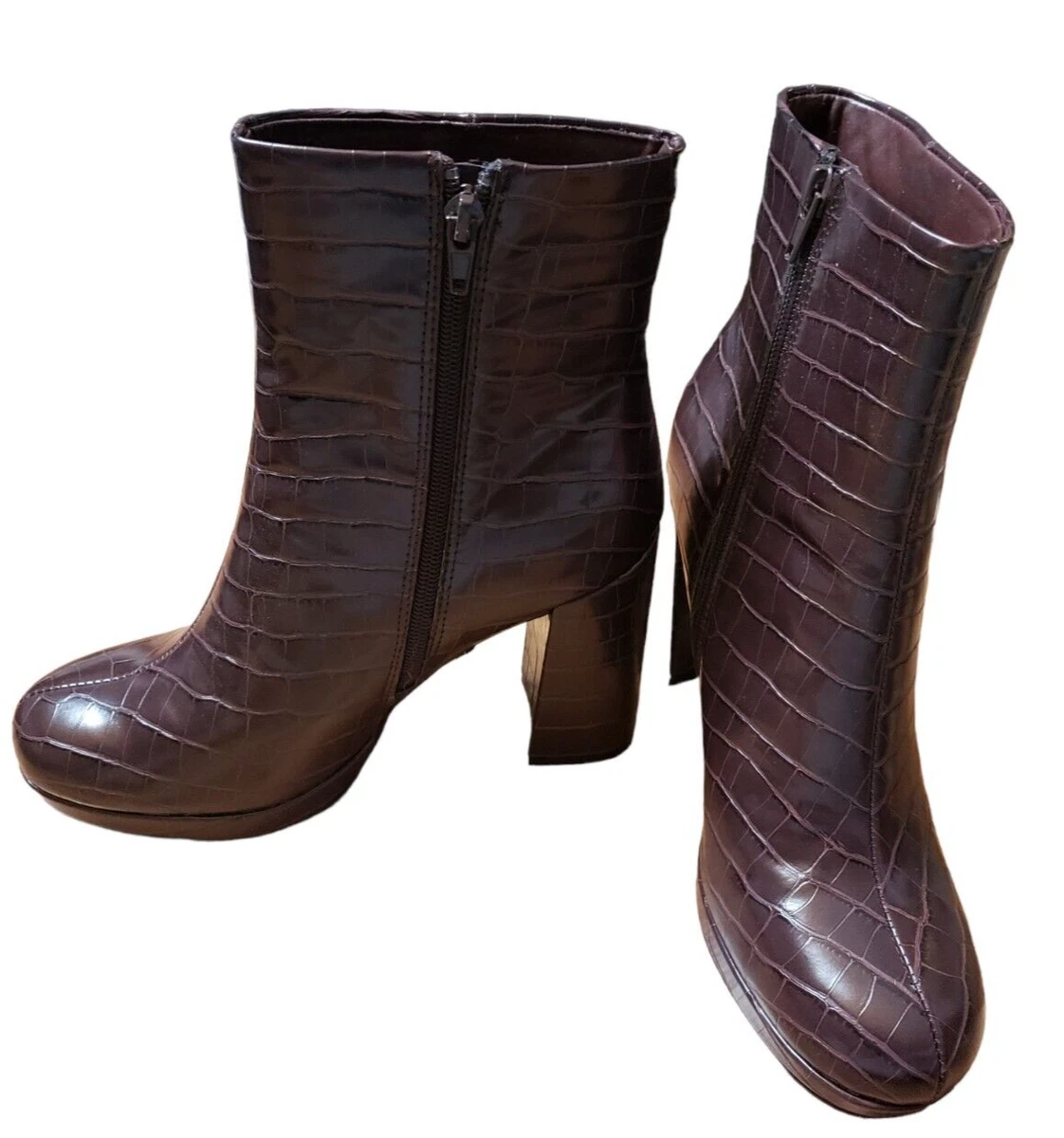 Rachel Zoe Maya Platform Boots Dark Brown Deep Red Croc Embossed