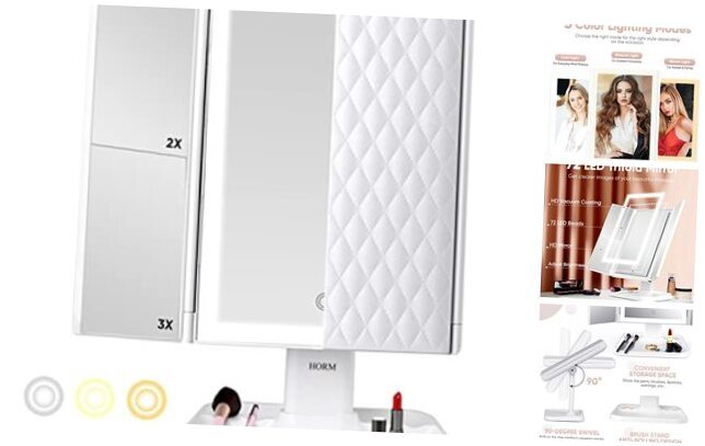 72-LED Trifold Vanity Mirror with 3 Color Lighting Modes-image