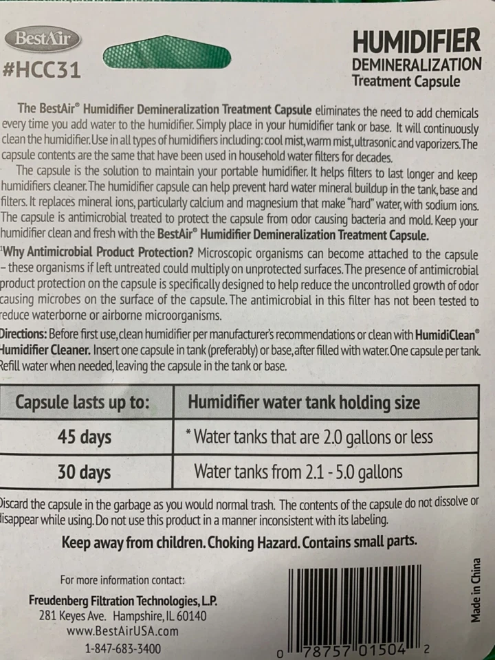 Bestair Humidifier Cleaner Treatment Capsule HCC31 Demineralization Dual Action - Изображение 2 из 2