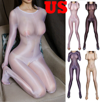 US Women Glossy Jumpsuit Tight Lingerie Bodysuit Seamless Bodystockings Babydoll