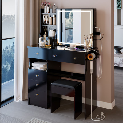 37'' Left Drawer Desktop Vanity Table Cushioned Stool LED Sliding Mirror Set