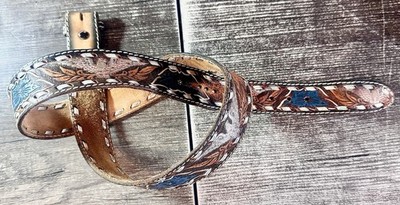 VTG Leather Belt Hand Tooled  Silver Trim Eagles Size 45    Pete 