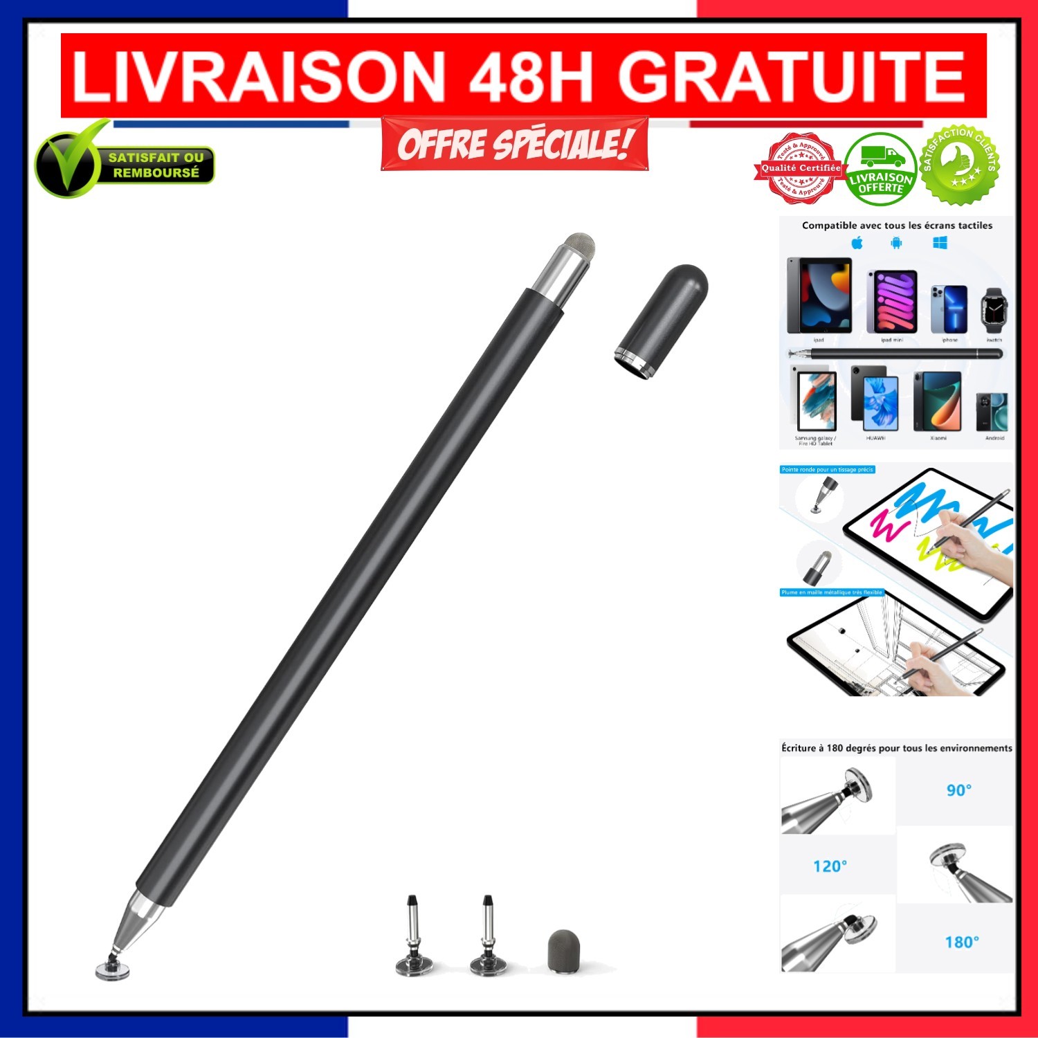 Stylet tactile en aluminium brossé haute sensibilité pour tablettes et écrans tactiles