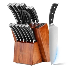 Knife Set, 15-Piece Kitchen Knife Set with Block and Sharpener, High Carbon S...