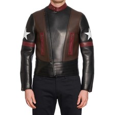 NEW GIVENCHY Star Patch Leather Moto Biker Captain America Jacket Black Mens 48
