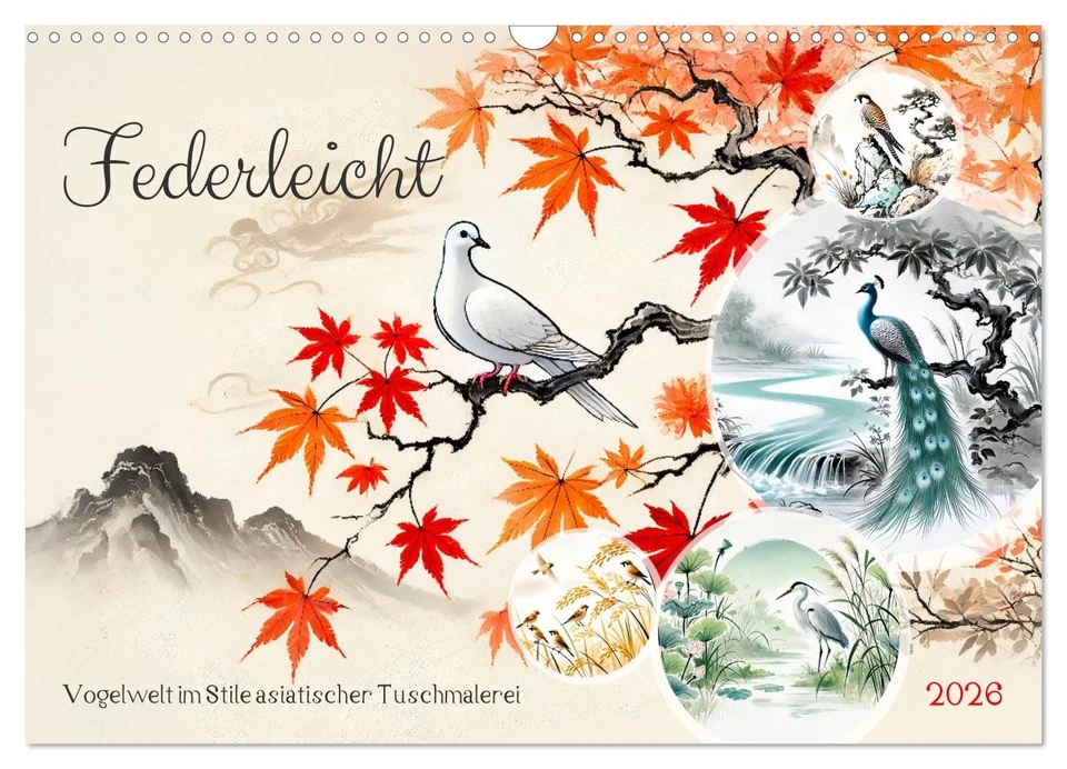 CALVENDO Federleicht - Vogelwelt im Stile asiatischer Tuschmalerei (Wandkalender 2026 DIN