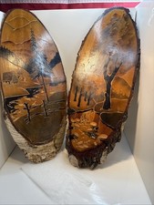 Set Vtg Hand Painted Etch Wood Edge Slab Ukraine Scenery Art 16.5”x6.” 1991 USSR