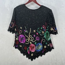 Vintage Laurence Kazar Top Womens 1X Black Beaded Sequin New Years Y2K Blouse