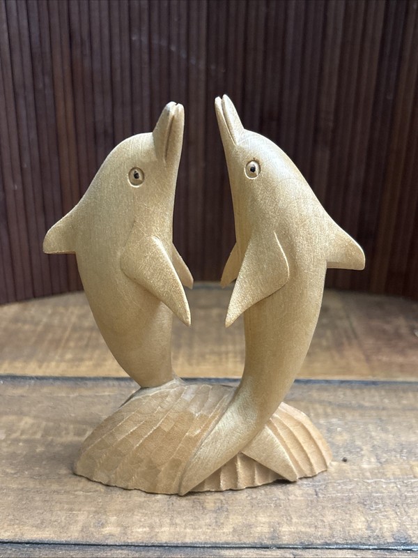 Hand Carved Wood Folk Art Dolphins Sculpture Figurine
