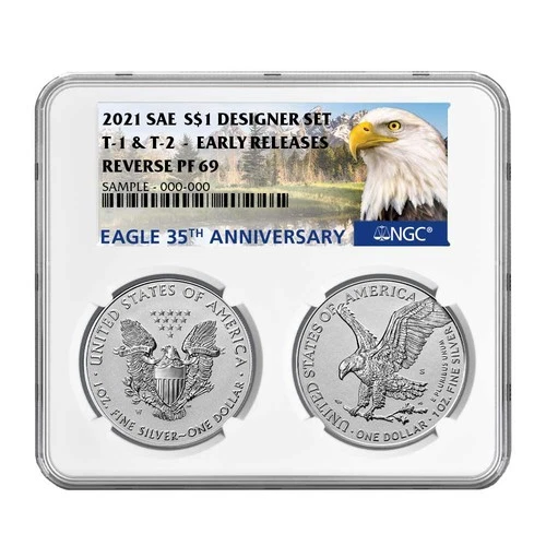2pc Set - 2021 $1 1-oz Reverse Proof American Silver Eagle Designer NGC PF69 ER