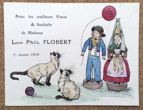 Carte de Vœux Laure Paul Flobert Chat Couple Costume Traditionnel Normandie 1912 - Imagen 1 de 7