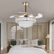 42"Luxury Crystal Round Chandelier and Invisible Retractable Ceiling Fan Light