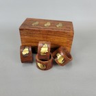 Set of 4 Hand Carved Wooden Brass Inlay Cat Napkin Ring Holders & Box