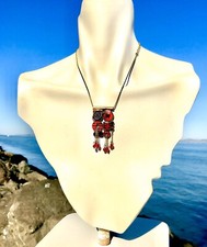 Vintage Signed PILGRIM Danish Design Gold Tone Ruby Red Enameled Stone Necklace