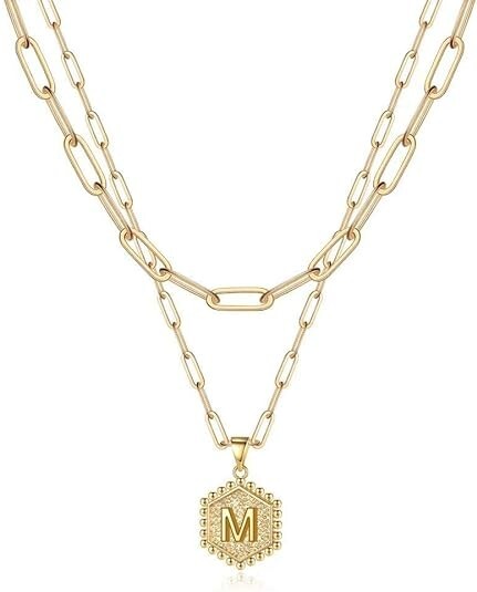 Dainty 14K Solid Gold Hexagon Initial Letter M Layered Pendant