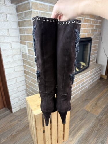 Prada Brown Suede Beads Knee High Heels Zip Boots Size US9 EU39 - Picture 8 of 19