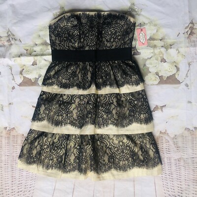 Phoebe couture ruffle lace cocktail dress size 4 Juniors black and gold NEW 