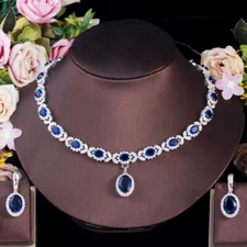 Silver Plated Blue Earrings Necklace Sunflower Zirconia Women Bridal Jewelry Set