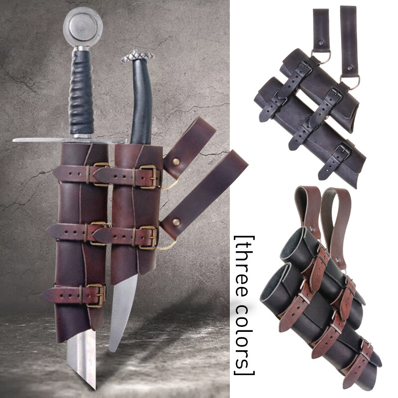 Leather Double-Sword Sheath Holder Waist Belt Hanger Scabbard Warrior Cosplay