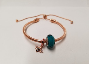 Authentic Pandora Aqua Murano & Bee Charm Rose Gold Plated Snake Chain Slider Bracelet