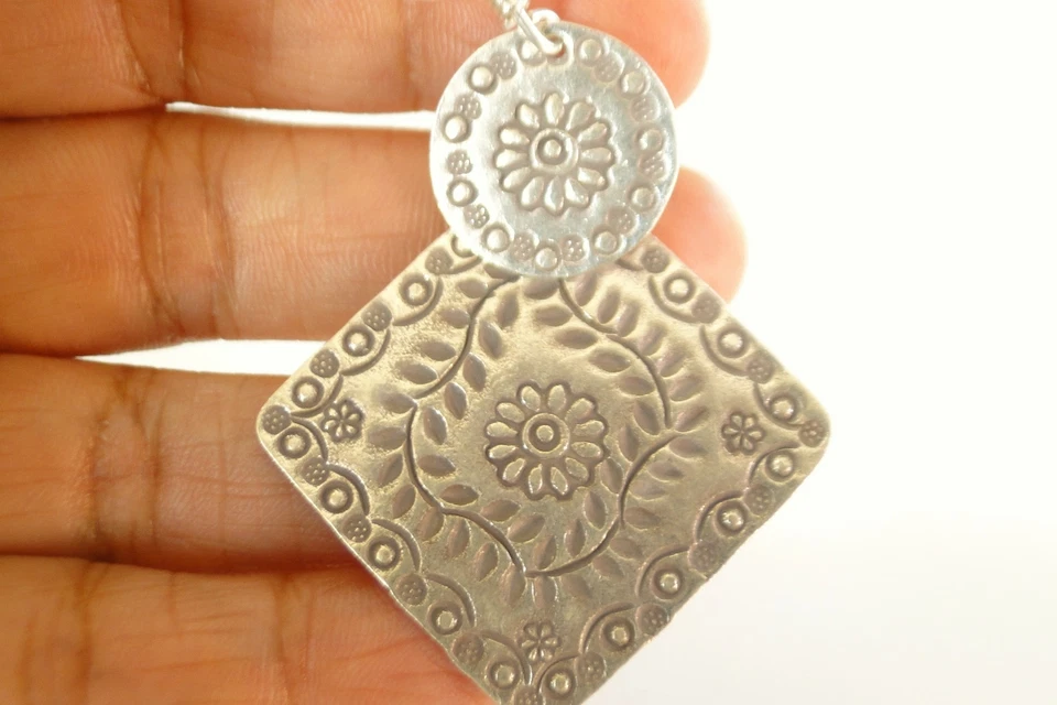 Thai Hill Tribe Circle Square Dangle Tribal Motif Sterling Silver Earrings - Image 3 of 4