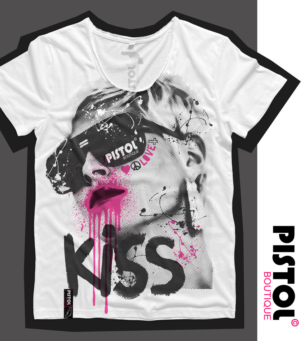 T-shirt Graphique Homme Pistol Boutique - Blanc, Manches Roulées - Motif Graffiti Soleil - Neuf étiqueté